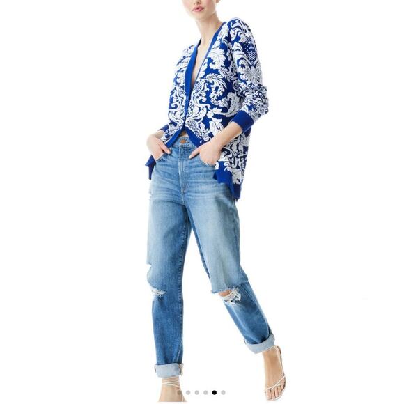 Alice + Olivia Bradford Paisley Grandpa Cardigan Blue White Size Large Sweater - Picture 7 of 14
